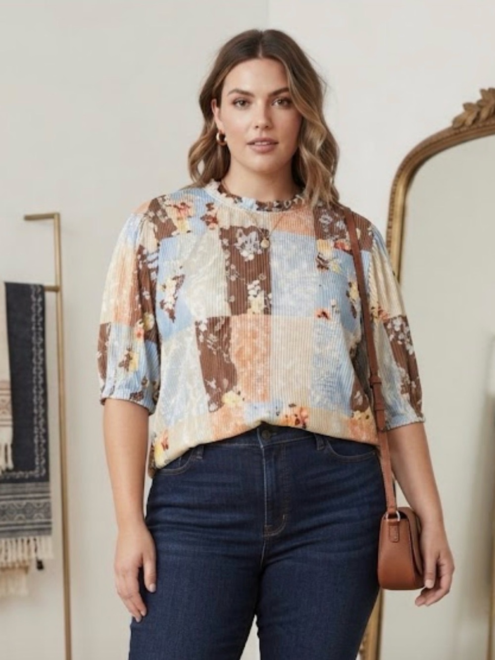 Cato, 22/24. Silky Patchwork Floral blouse in Blue, Brown & Cream